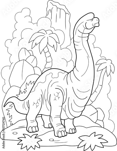 giant prehistoric dinosaur brachiosaurus, coloring book, funny illustration