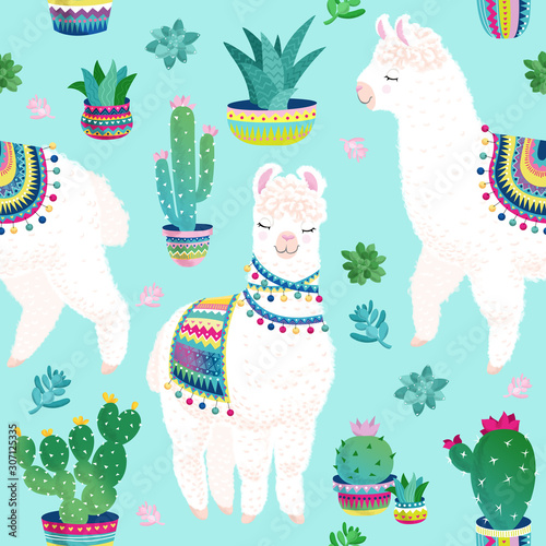 white llama cacti seamless pattern