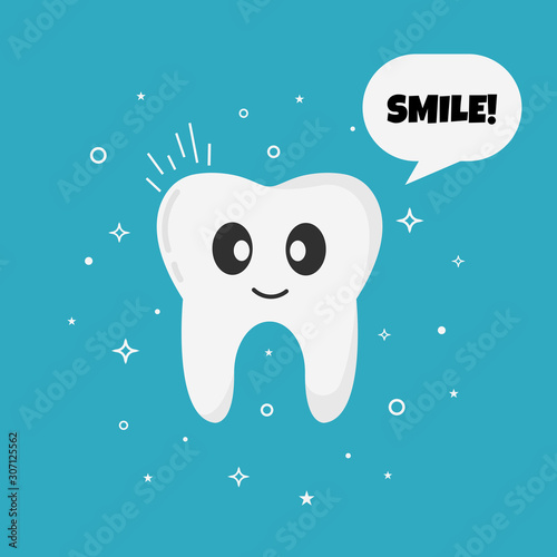 Vector illustration of cartoon smiling tooth with place for text. Speech bubble with text "smile".