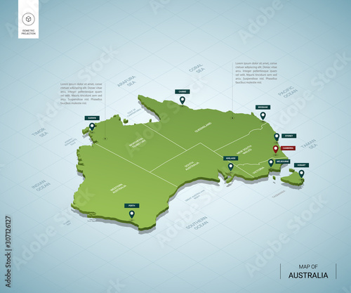 Stylized map of Australia. Isometric 3D green map with cities, borders, capital Canberra, regions. Vector illustration. Editable layers clearly labeled. English language.