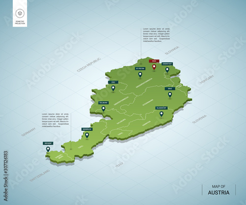 Stylized map of Austria. Isometric 3D green map with cities, borders, capital Vienna, regions. Vector illustration. Editable layers clearly labeled. English language.
