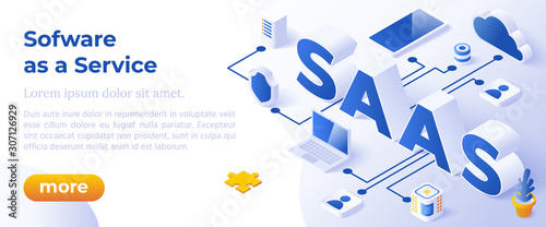 SAAS - Software as a Service or on-Demand - Isometric Concept in Trandy Colors. Cloud Computing Segment Metaphor. Website Banner Layout Template. Vector Illustration.