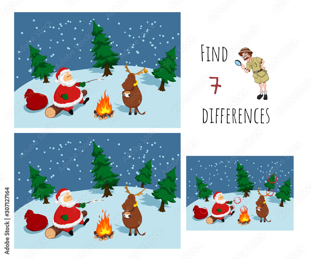 Fototapeta premium Find 7 differences. Educational game for children. Cartoon Santa near bonfire. Christmas puzzle