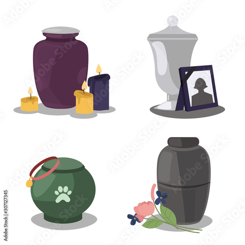 Collection funeral service icons with urns of cremation ceremony. Funeral columbarium urn with candles, flowers and photo frame. Mortuary urn for pets with a picture of a paw. Vector illustration