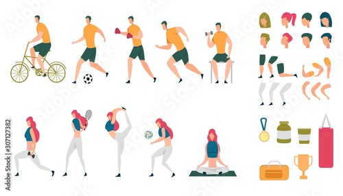 Sportive Man and Woman Animated Characters Set