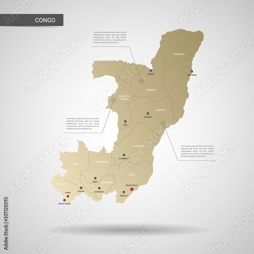 Stylized vector Congo map.  Infographic 3d gold map illustration with cities, borders, capital, administrative divisions and pointer marks, shadow; gradient background. 