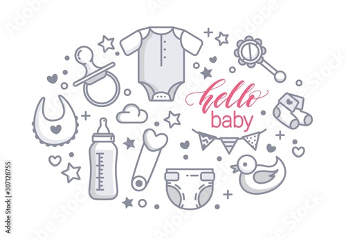 Baby Shower Collection Icons. Baby Arrival Cartoon Vector Illustration