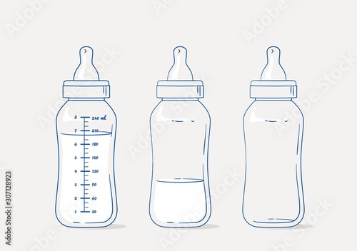 Set Of Baby Feeding Bottles, full and empty. Cartoon vector illustration
