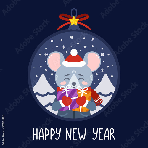 Christmas ball with the image of rat holding gifts.
