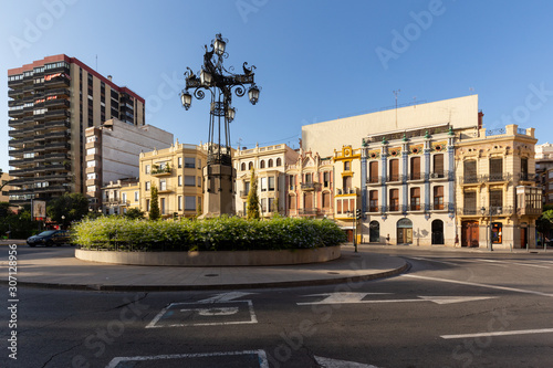 Monument metal lantern at Piaca de la Independencia, Castellon de la Plana, Spain - 2019.08.10