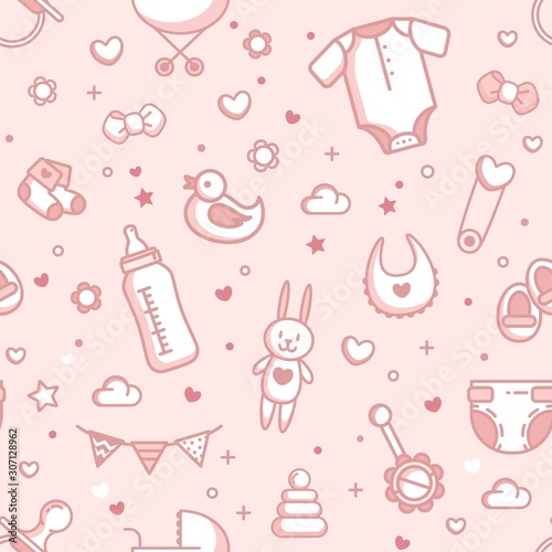 Baby Related Seamless Pattern In Pink Colors. Vector Cartoon Illustration