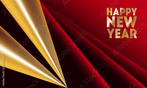 Modern red abstract background with golden shining triangles. Happy new year 2020 festive event banner. 