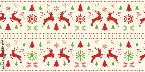 Christmas scandinavian white, red and green seamless pattern with gorgeous deer and snowflake. Winter background for Christmas or New Year design. Vector illustration. Nordic seamless pattern.