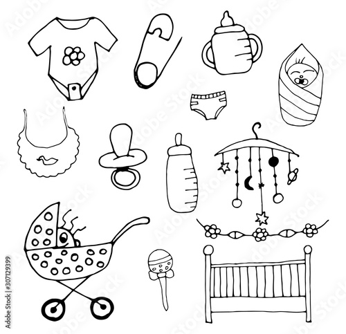 child care outline vector icons. pacifier for newborn icon, diaper icon, pram icon, baby romper icon, baby rattle icon, crib icon, baby bibs icon.