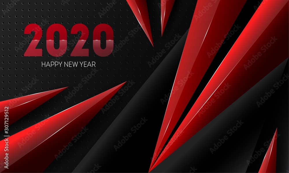 Modern dark abstract background with red shining triangles. Happy new year 2020 festive event banner. Modern dark abstract background with red shining triangles. Happy new year 2020 festive event banner.
