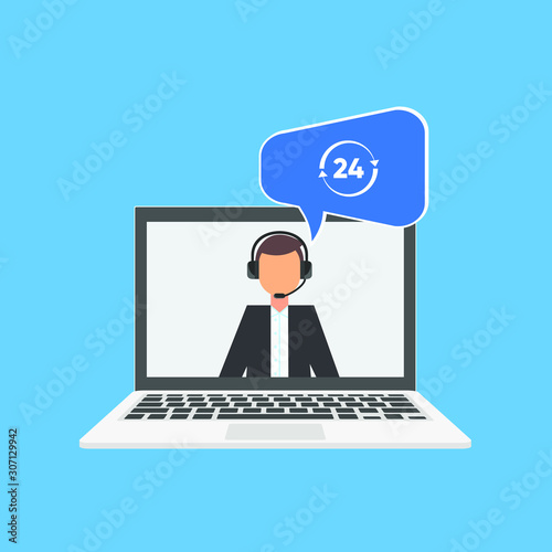 Call center support 24/7. Operator of call center. Customer service character. Client services and communication. Speech bubbles conceptual of client services and communication. 24/7