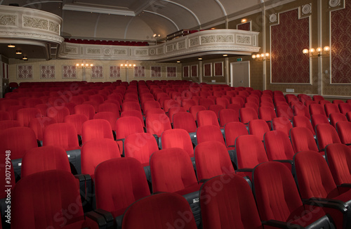 Chairs at a theatre. Schouwburg Ogterop meppel Netherlands. Rows of chairs. Balcony.
