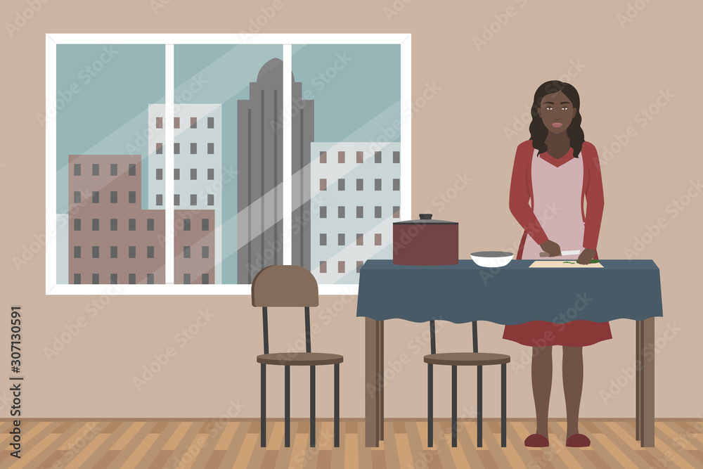 Fototapeta premium African-American woman cooking food in kitchen. Vector illustration.