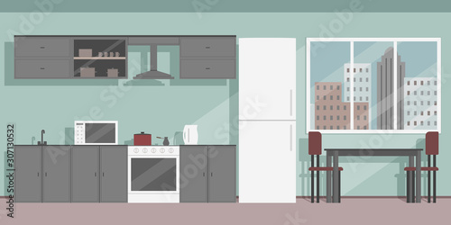 Kitchen interior in cartoon style. Vector illustration.