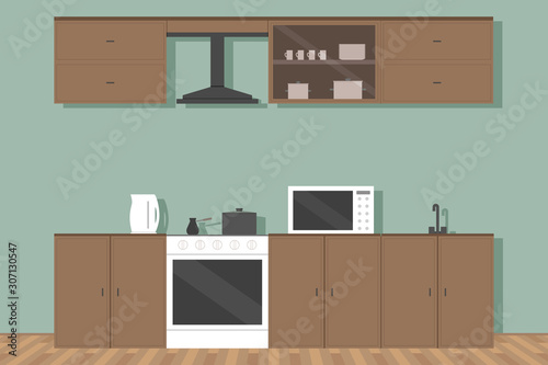 Kitchen set and electric oven. Vector illustration.