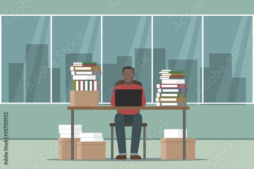 African-American manager preparing report. Lot of paper work. Vector.