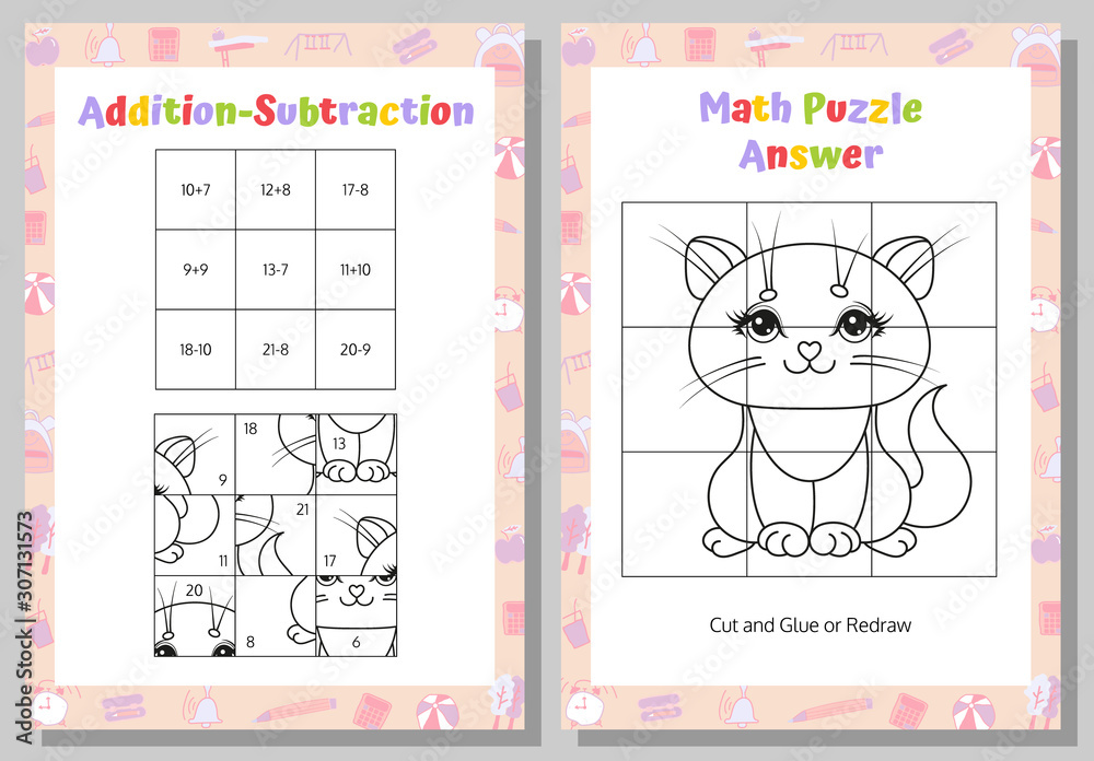 Obraz premium Addition, Subtraction Math Puzzle Worksheet. Educational Game. Mathematical Game. Vector illustration.
