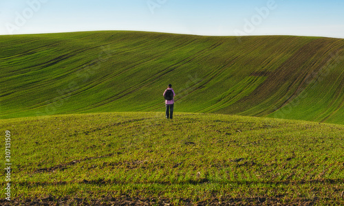 Wallpaper Mural hilly field. a tourist walks around the field. woman admires the beauty of nature Torontodigital.ca