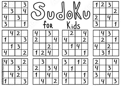 Simple sudoku for kids. Black and white outline children puzzle.