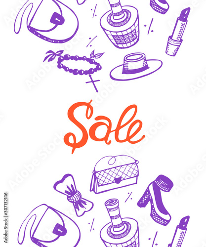 Seasonal sale, banner template. Accessories for women isolated on the white background, fashion theme. Jewelry, cosmetics, perfume, purse, high heels and other woman stuff. Set of vector illustrations