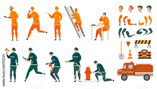 Cartoon Animated Fireman Characters Vector Set