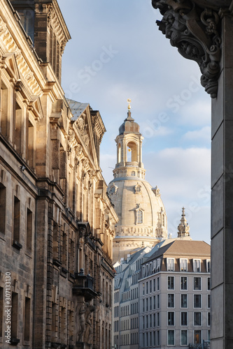 The center of Dresden historical district, Frauenkirche - the Church of the Virgin Mary, Germany.