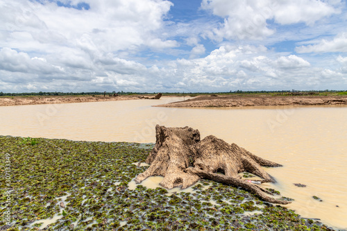 Huay Saneng reservoir, the main source of tap water production in Surin province, is at a record low level. Thailand. photo