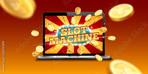 The gold slot machine, surrounded by attributes of gambling, on a explosion coins background. Bright retro banner for online casinos, poker, roulettes or slots. Coins are falling from the laptop. The 