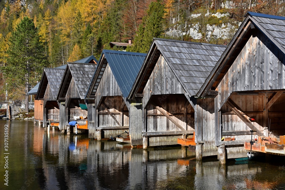 Obertraun and houses on Hallstatt lake in Austria Obertraun and houses on Hallstatt lake in Austria
