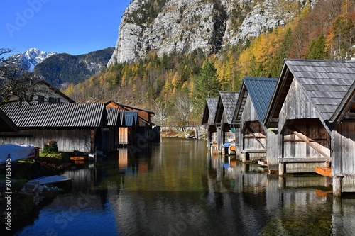 Obertraun and houses on Hallstatt lake in Austria