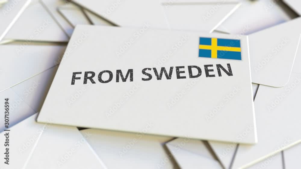 Envelope with From Sweden stamp among other envelopes. International mail related conceptual 3D animation Envelope with From Sweden stamp among other envelopes. International mail related conceptual 3D animation