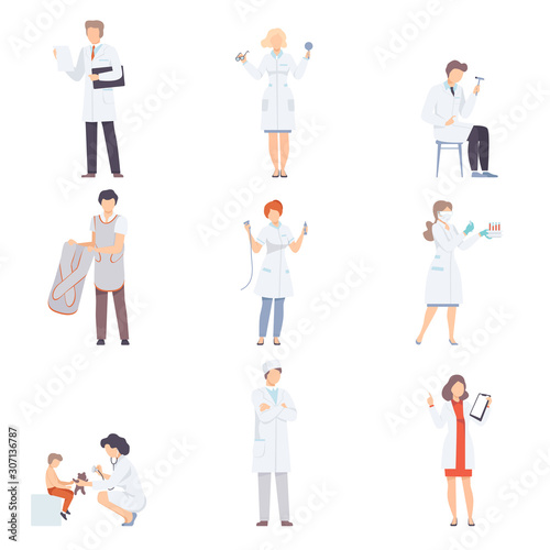 Doctor Characters Collection, Professional Medical Workers, Optometrist, Neurologist, Radiologist, Laboratory Assistant, Pediatrician, Dentist Vector Illustration