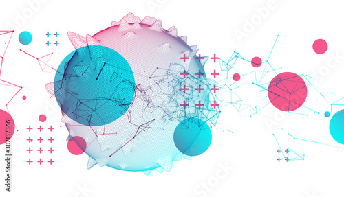 Abstract sphere background with plexus effect. 3D surface.