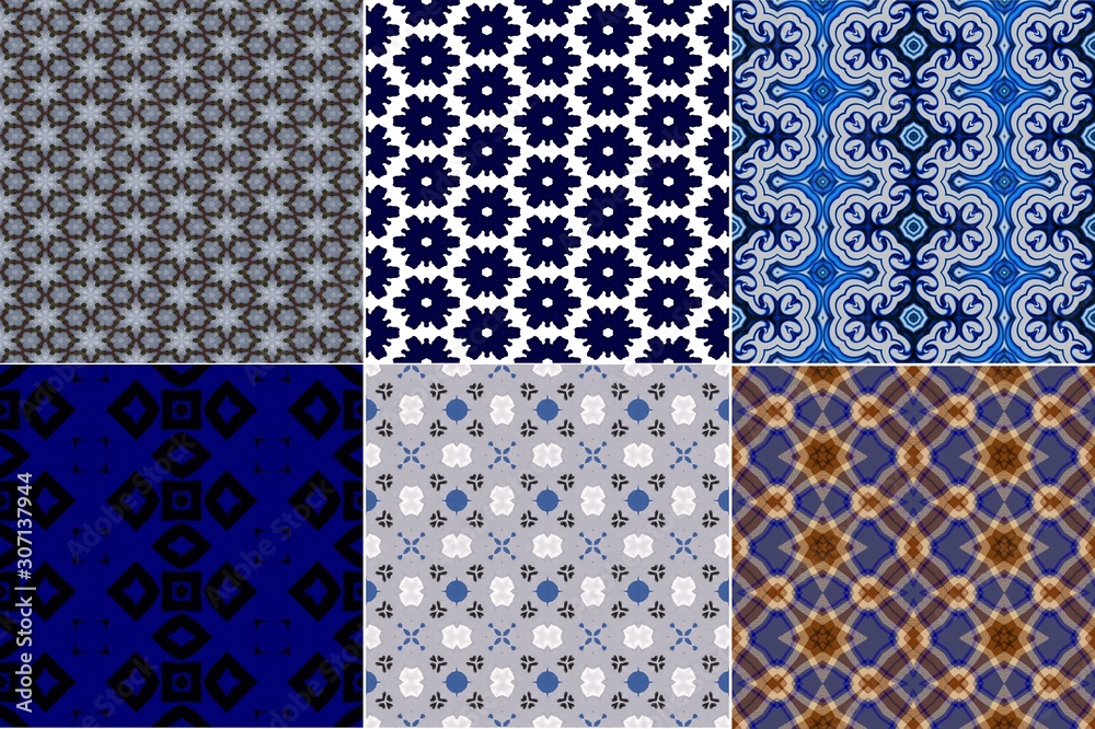 Set of six blue and white seamless design wallpaper pattern Set of six blue and white seamless design wallpaper pattern