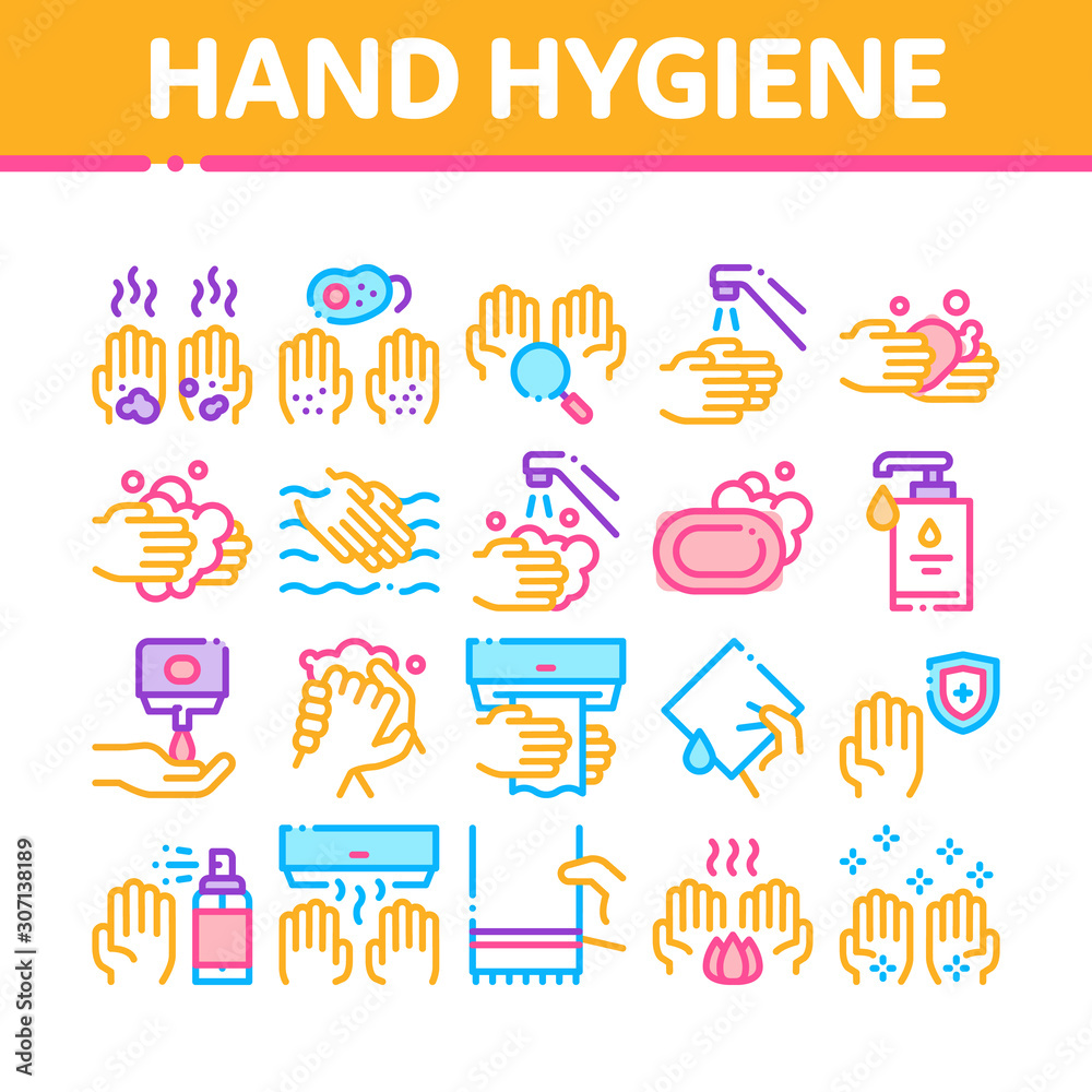 Hand Healthy Hygiene Collection Icons Set Vector Thin Line. Hand Protection, Washing With Anti Bacterial Soap And Foam, Paper Concept Linear Pictograms. Color Contour Illustrations Hand Healthy Hygiene Collection Icons Set Vector Thin Line. Hand Protection, Washing With Anti Bacterial Soap And Foam, Paper Concept Linear Pictograms. Color Contour Illustrations