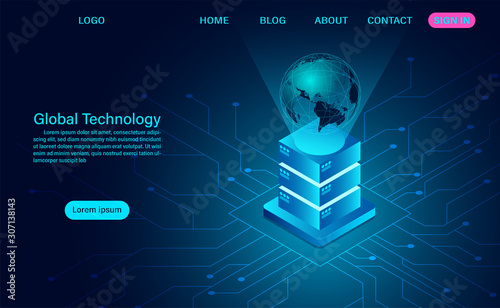global digital technology. big data transferring technology and remote access worldwide. isometric vector dark neon