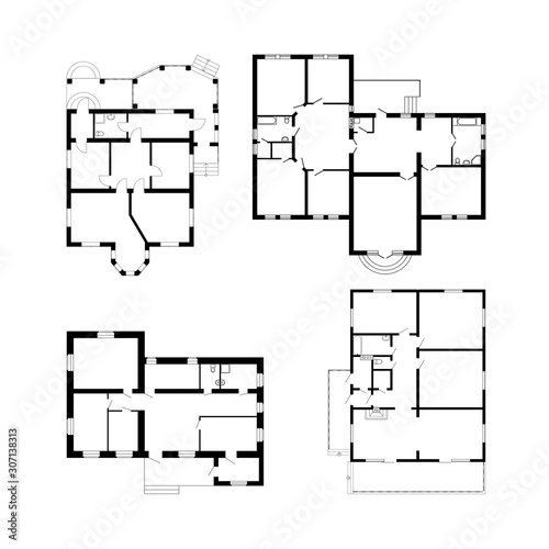 Architectural set of ground floor blueprints. Vector unfurnished floor plans for your design. Suburban house set.