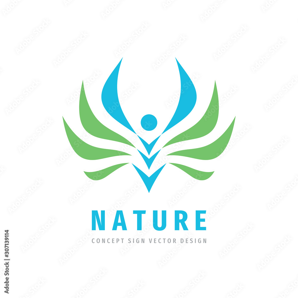 Fototapeta premium Nature people concept design. Abstract human character with leaves - creative sign. Positive vector symbol. Wings icon.