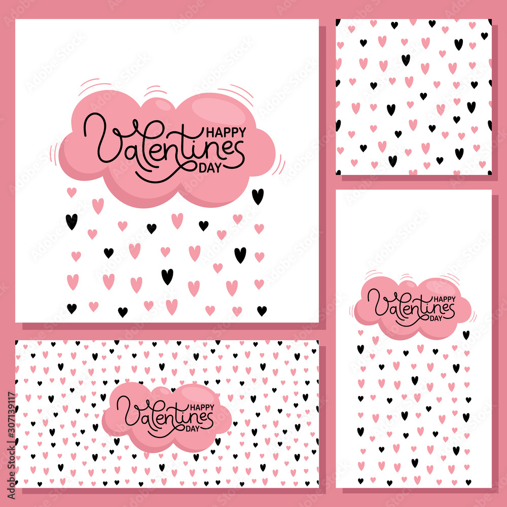 Valentine's day cards for holiday decoration. Pink cloud and rain of hearts. Seamless pattern. Vector flat illustration on white background Valentine's day cards for holiday decoration. Pink cloud and rain of hearts. Seamless pattern. Vector flat illustration on white background