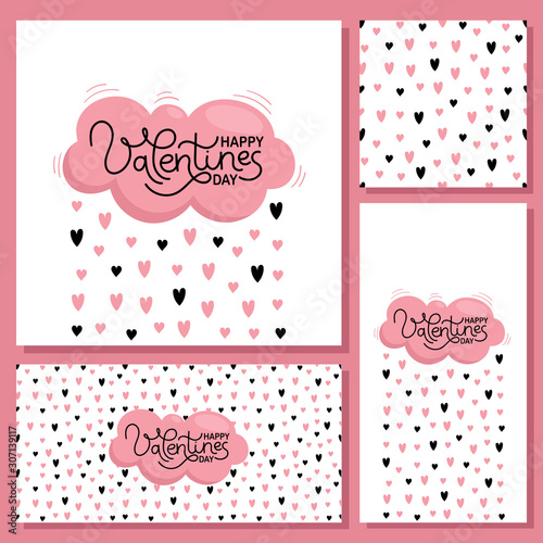 Valentine's day cards for holiday decoration. Pink cloud and rain of hearts. Seamless pattern. Vector flat illustration on white background