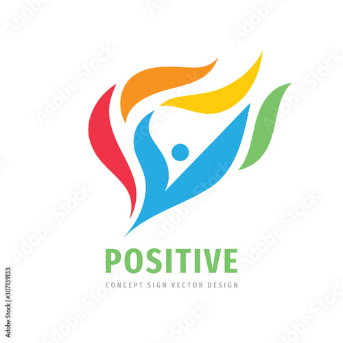 Positive concept logo design. Abstract human character with leaves or petals creative sign. Development people vector symbol. Health care insignia. 