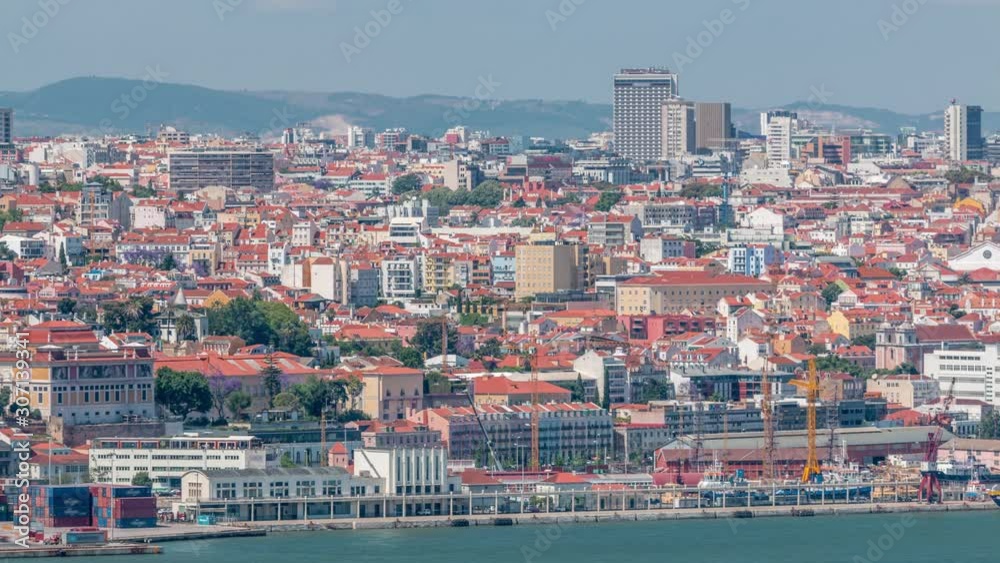Panorama of Lisbon historical centre aerial timelapse viewed from above