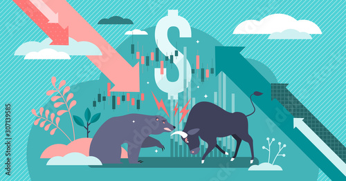 Stock market vector illustration. Financial fight in tiny persons concept.