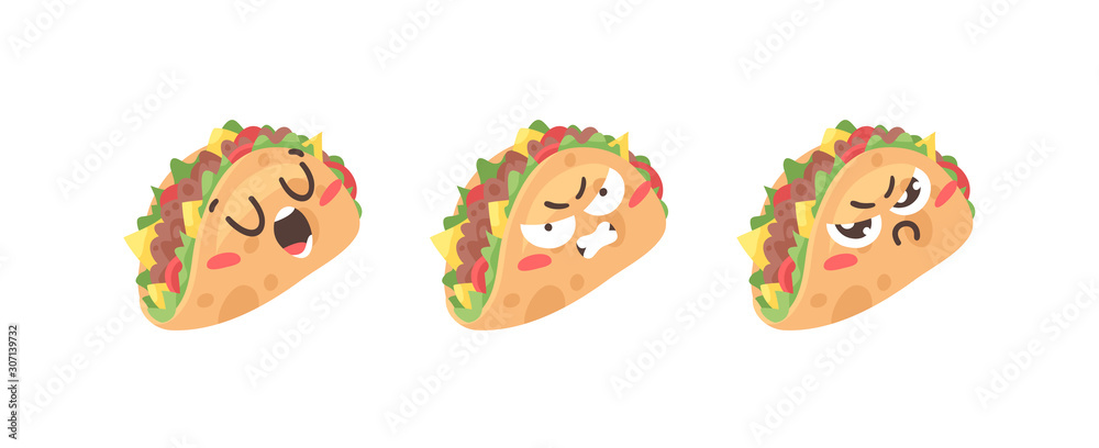 Cartoon drawing set of fast food emoji. Hand drawn emotional meal.Actual Vector illustration american cuisine. Creative ink art work mexican tacos