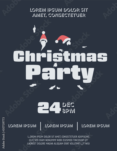 Christmas party poster vector template with dancing silhouettes in Santa hats. Office party banner.